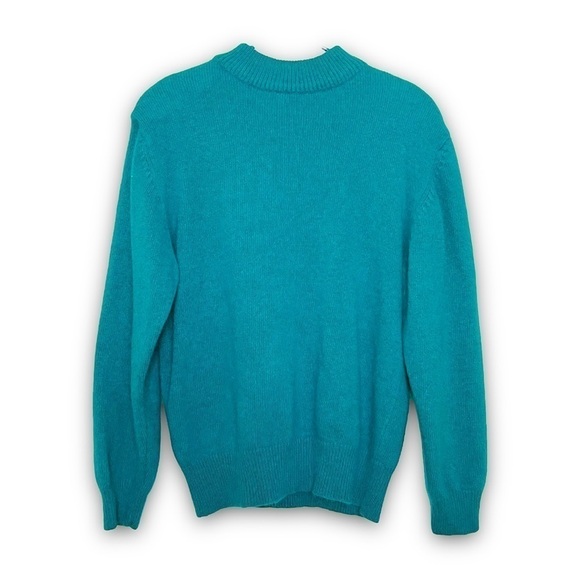 VINTAGE 80s Angora & Wool Teal Fuzzy Knit Mockneck Rib Trim Pullover Sweater S - Picture 1 of 4